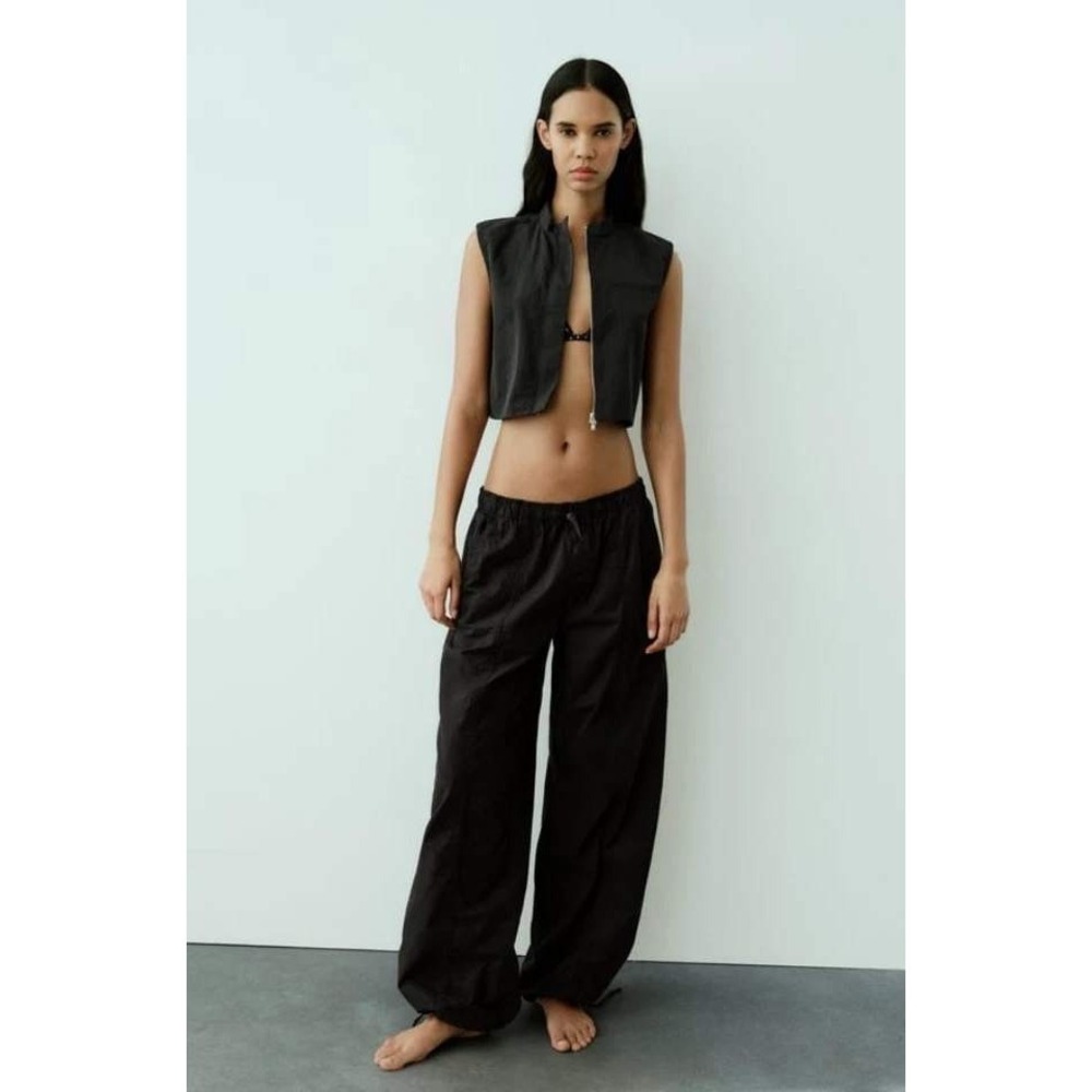 Zara Cargo Parachute Wide Leg Pants Womens XL Black Zipper Baggy Elastic Waist